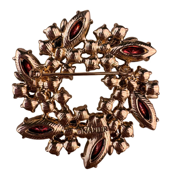 Napier Womens Gold Tone Red & Pink Rhinestone Wreath Brooch New In Box