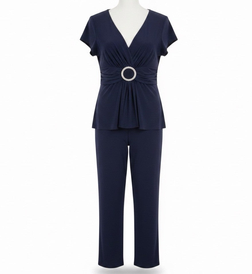R&M Richards Womens Navy 2-Piece Petite Pant & Tee Stretch Set Size 14P