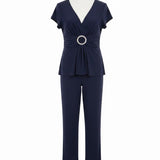 R&M Richards Womens Navy 2-Piece Petite Pant & Tee Stretch Set Size 14P