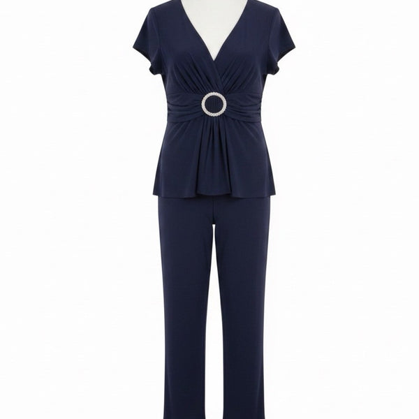 R&M Richards Womens Navy 2-Piece Petite Pant & Tee Stretch Set Size 14P
