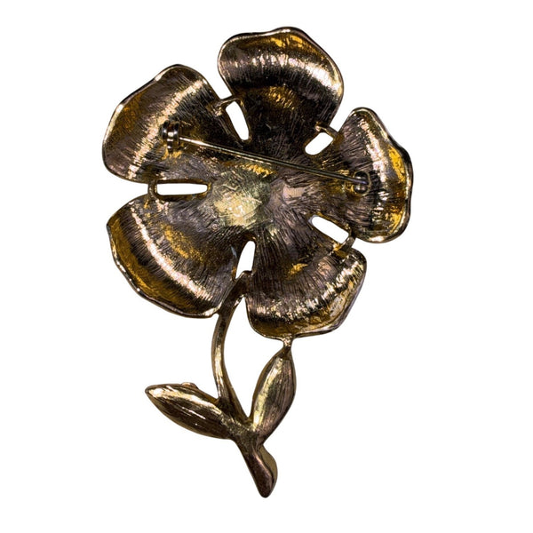 Vintage Gold Tone & Black Enamel Rhinestone Flower Brooch Jewelry Pin