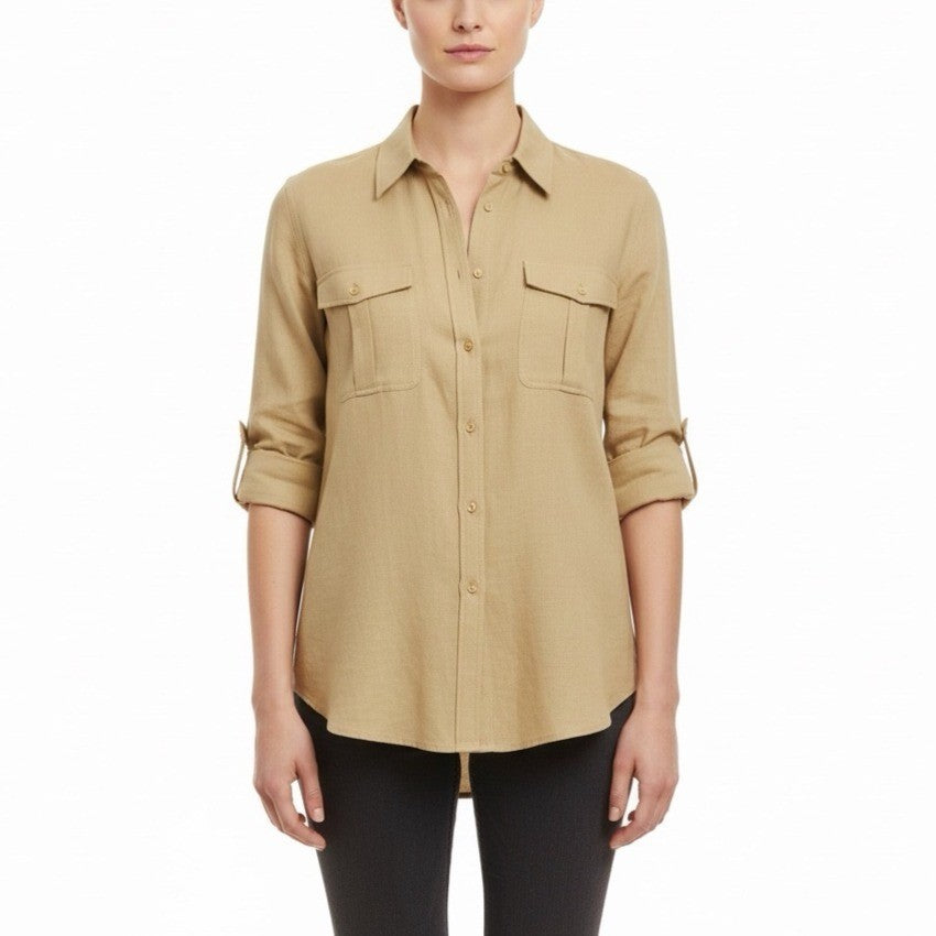 Ralph Lauren Womens Beige Linen Long Sleeve Utility Shirt Button Front Size XL