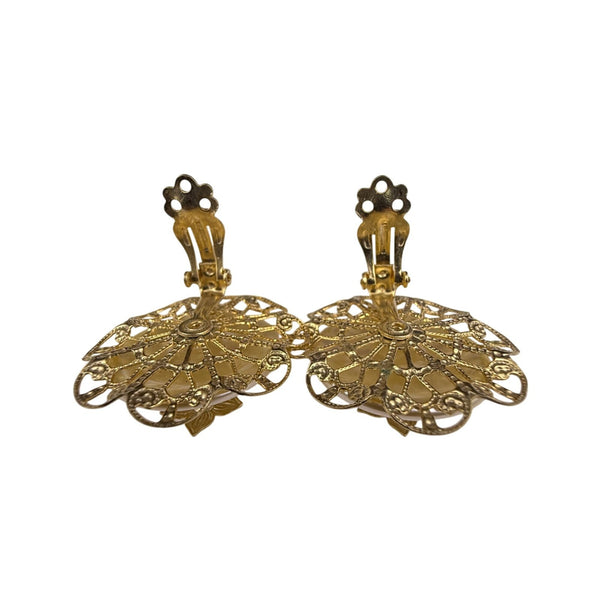 Vintage Gold Tone Flower Clip-On Earrings With Rhinestone Accents Round Filigree