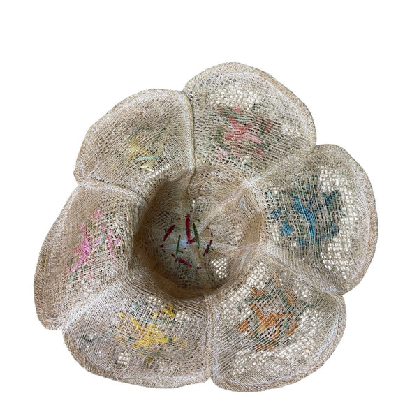 Straw Women Beige Raffia Sun Hat Floral Embroidered Decorative Brim Bow