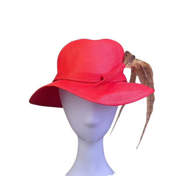 Adolfo II Womens Red Straw Feather-Accent Hat