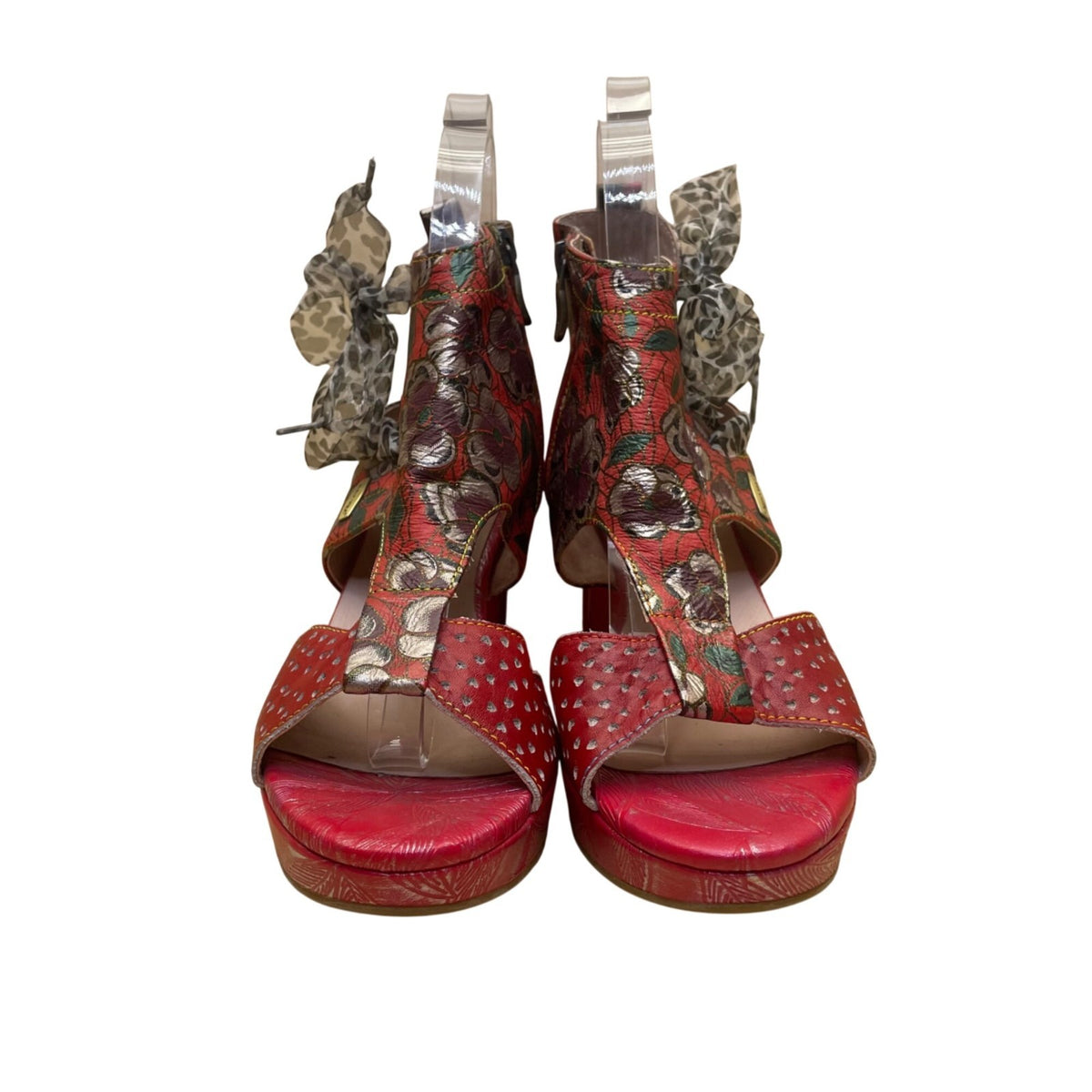 Laura Vita Women’s Red Floral Pattern Leather Open Toe Bow Accent Heels Size 10