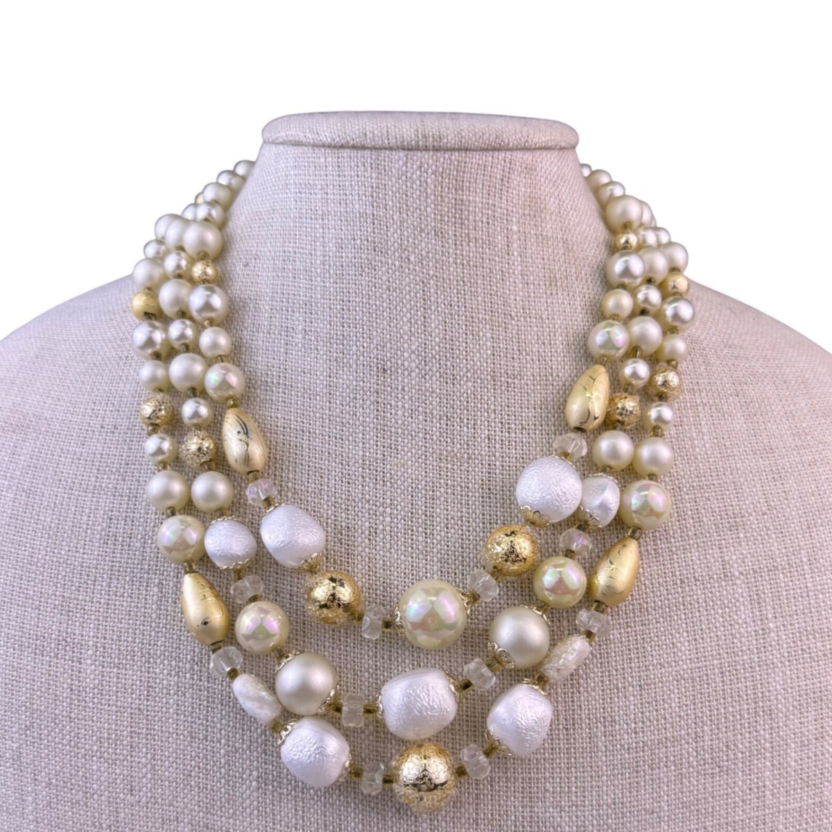 Japan Womens Gold/White Beaded Triple-Strand Necklace Assorted Beads Adjustable