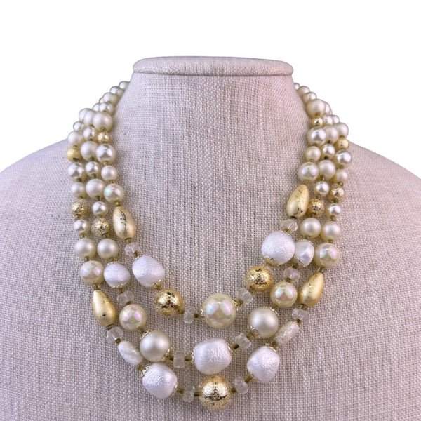 Japan Womens Gold/White Beaded Triple-Strand Necklace Assorted Beads Adjustable