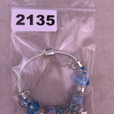 Silver Tone Womens Blue Glass Bead & Enamel Flower Charm Bracelet 