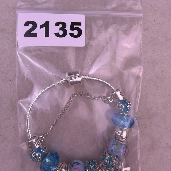 Silver Tone Womens Blue Glass Bead & Enamel Flower Charm Bracelet 