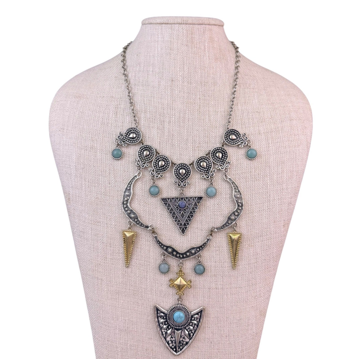Boho Silver Tibetan Womens Necklace Statement Pendant Gold & Blue Accents