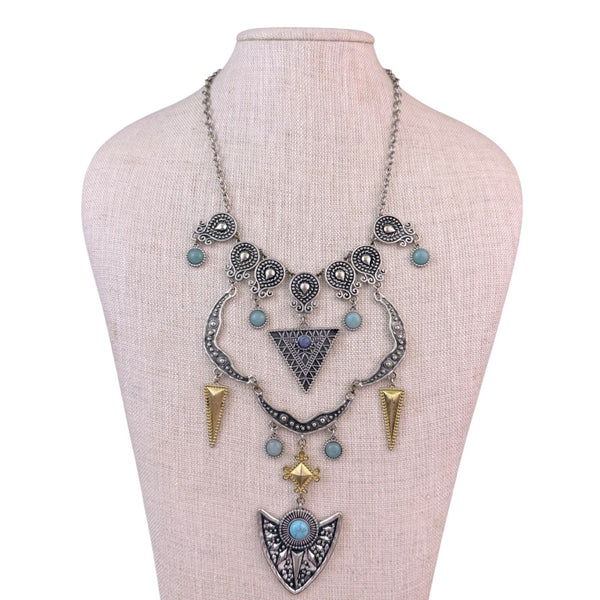 Boho Silver Tibetan Womens Necklace Statement Pendant Gold & Blue Accents