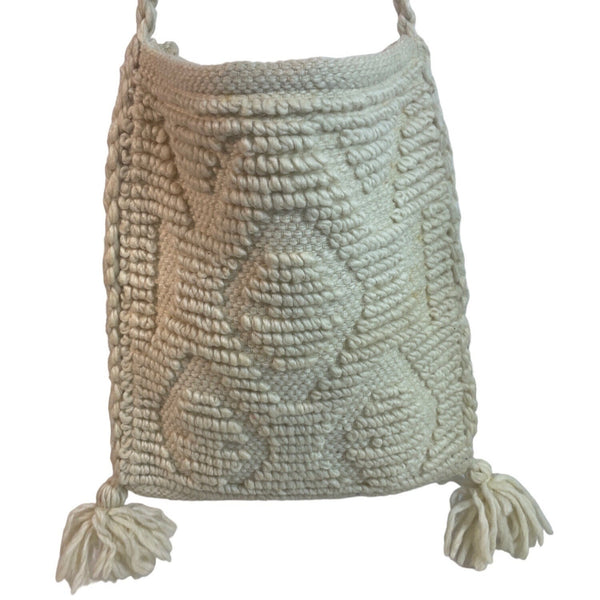 Handcrafted Women's Ivory Crochet Wool Crossbody and Shoulder Bag Sz M