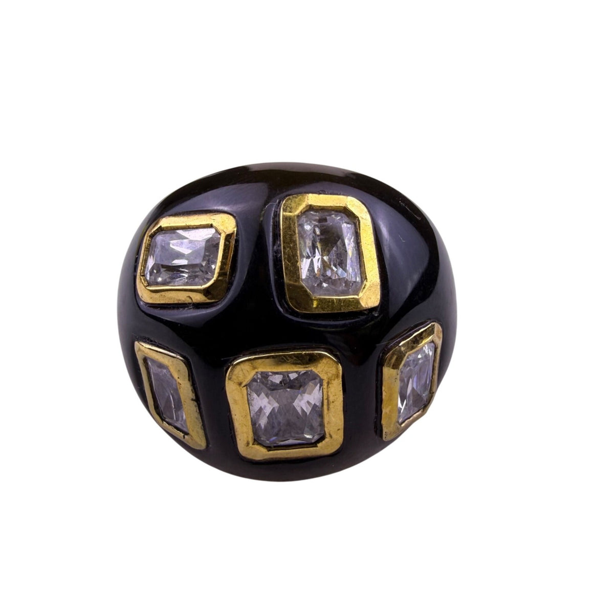 Black & Gold Tone Contemporary Resin Statement Ring Geometric Clear Stone  Sz 7