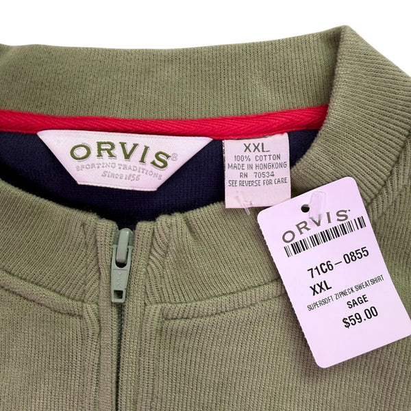 Orvis Mens Sage Supersoft Zipneck Sweatshirt With Ribbed Trim Size XXL