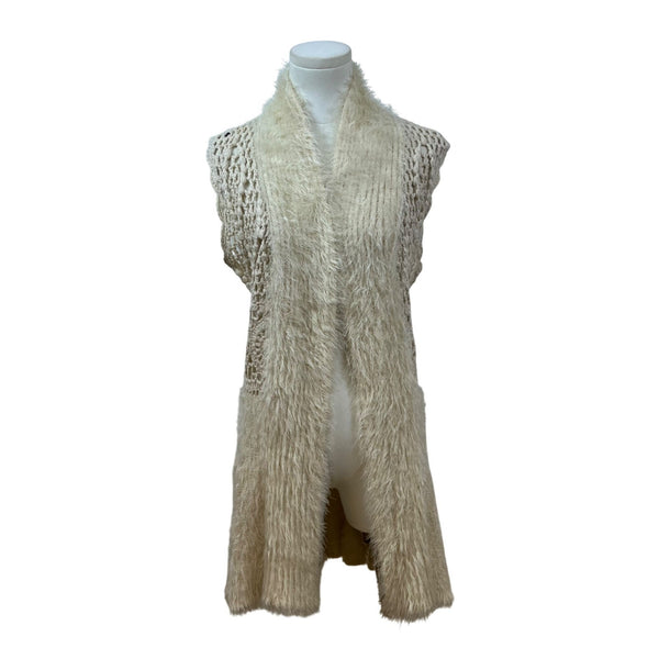 Soho Chick Womens Beige Crochet Knit Shawl Collar Vest Medium Acrylic Open Front