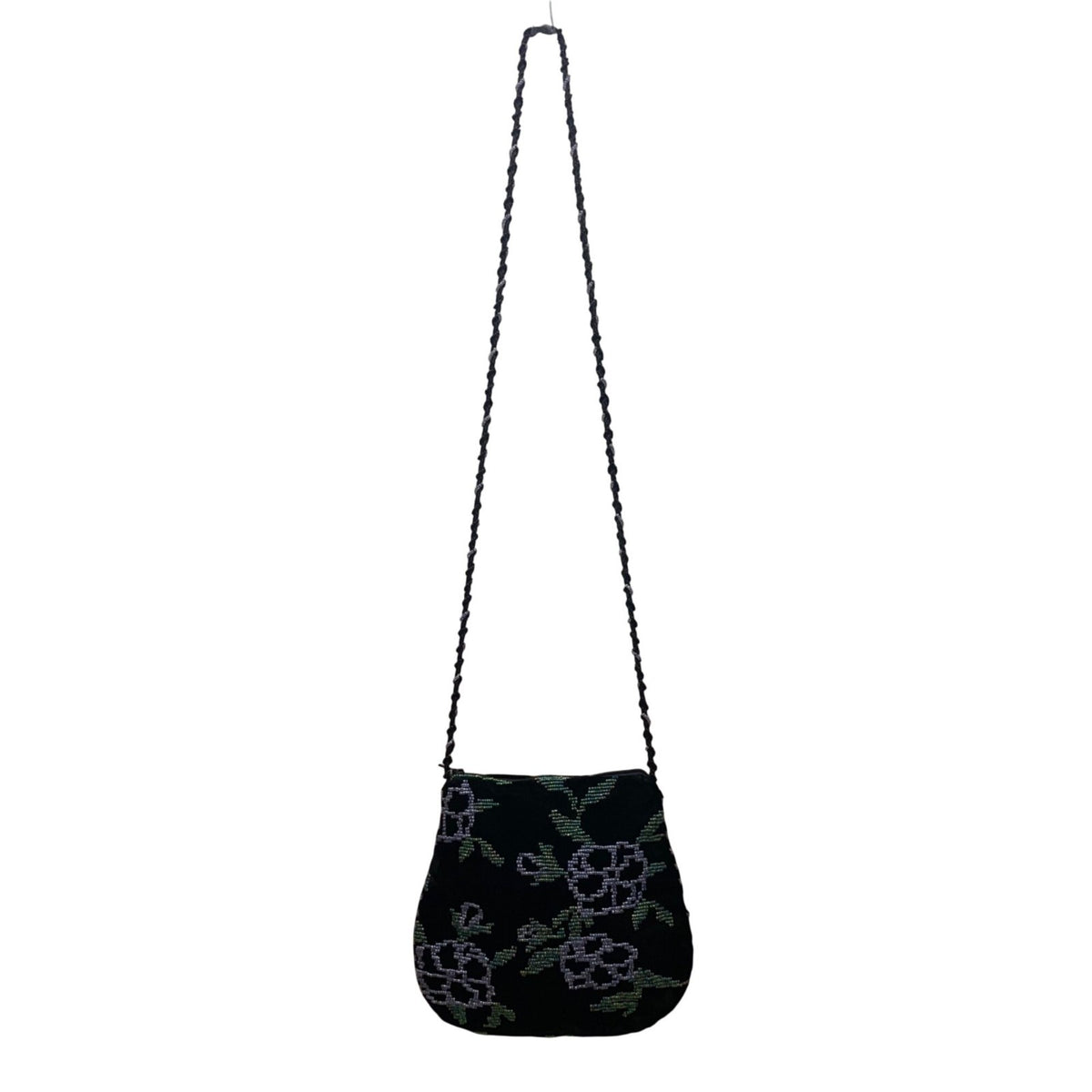Beaded Women’s Dark Green Velvet Floral With Braided Strap Crossbody Purse
