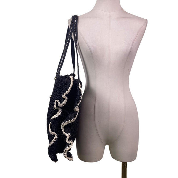 Jessica Simpson Women’s Black Straw Contrast Trim Ruffle Shoulder Tote Bag