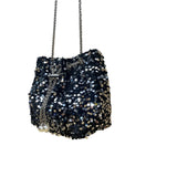 Women’s Black & Silver Sequined With Drawstring Chain Strap Purse