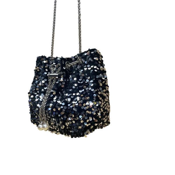 Women’s Black & Silver Sequined With Drawstring Chain Strap Purse