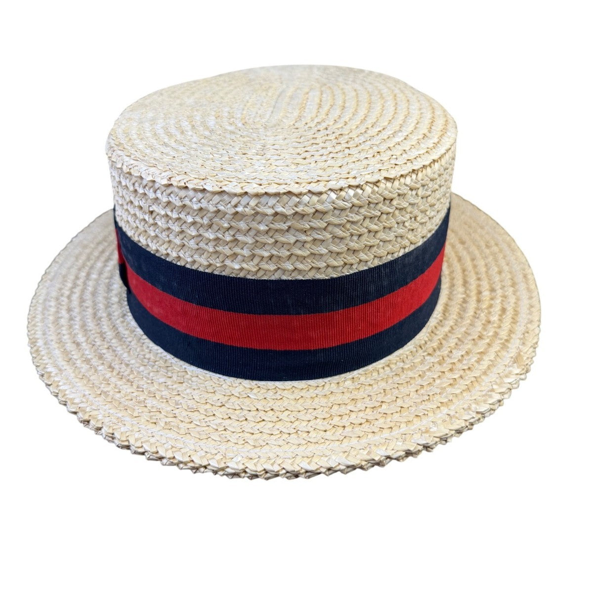 Straw Mens Natural Woven Boater Hat With Black & Red Ribbon Band Made In Italy