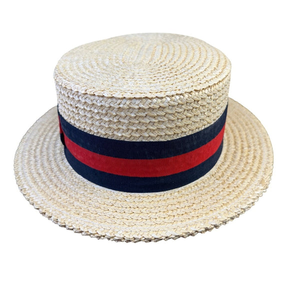 Straw Mens Natural Woven Boater Hat With Black & Red Ribbon Band Made In Italy