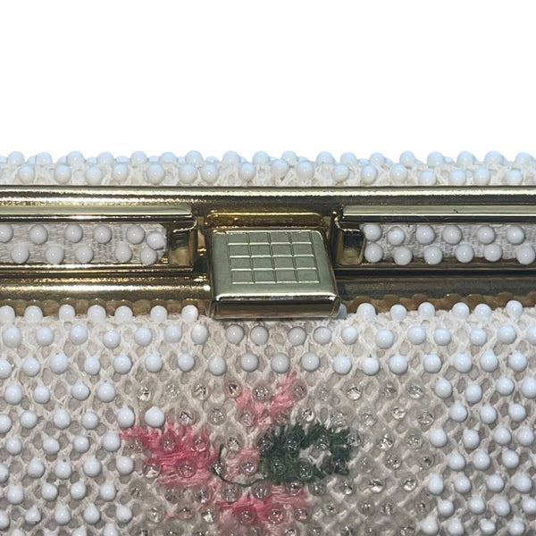 Vintage Lumured Women’s White Beaded Floral Pattern Clasp Closure Handbag