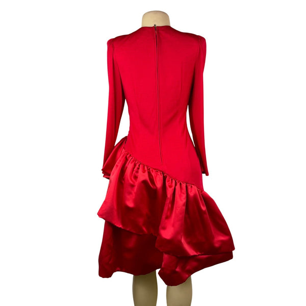 Morton Myles Womens Red Satin Tiered Bow Detail Long Sleeve Elegant Dress Sz 10