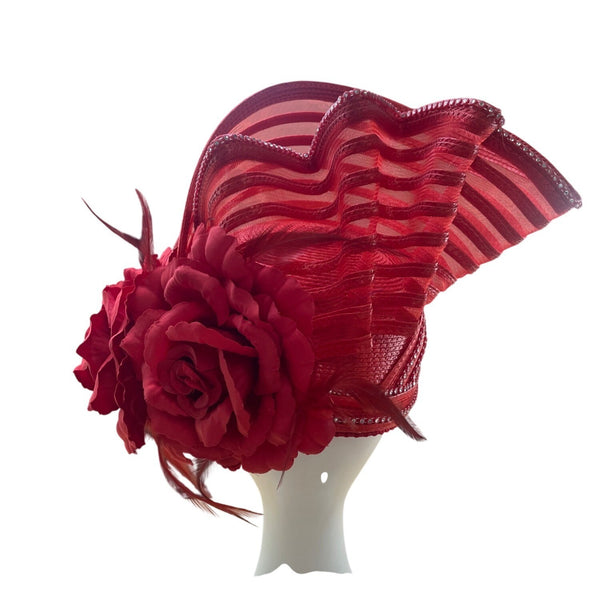Elegant Red Sinamay Womens Hat With Floral Accents & Decorative Mesh Detailing