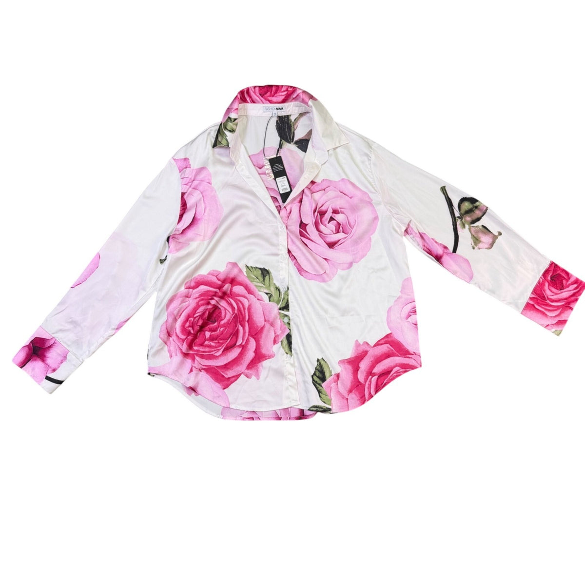Fashion Nova Womens White Floral Roses Button-Up Shirt Size XL