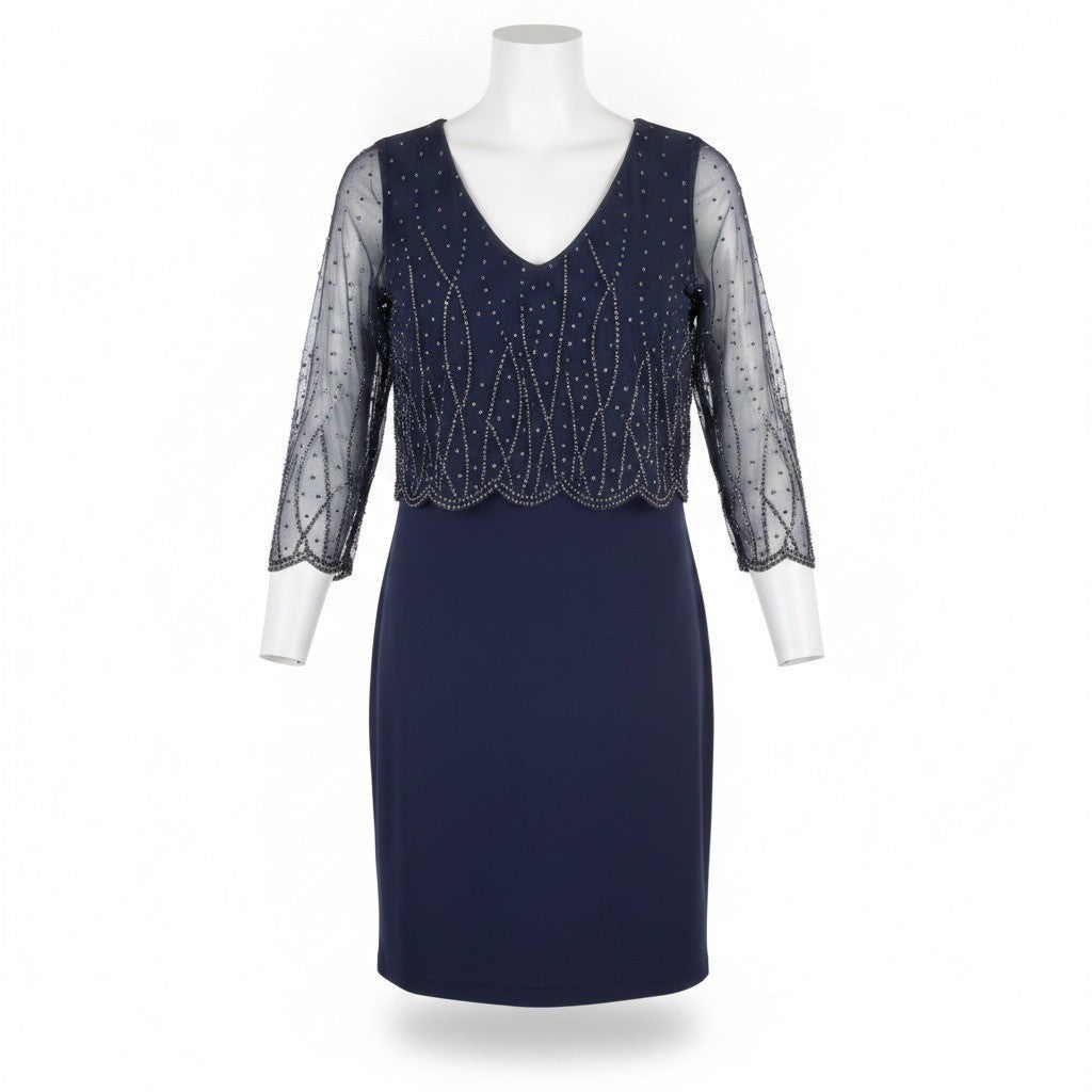 Patra Womens Navy Beaded Sheath Dress With Sheer Overlay Size 12
