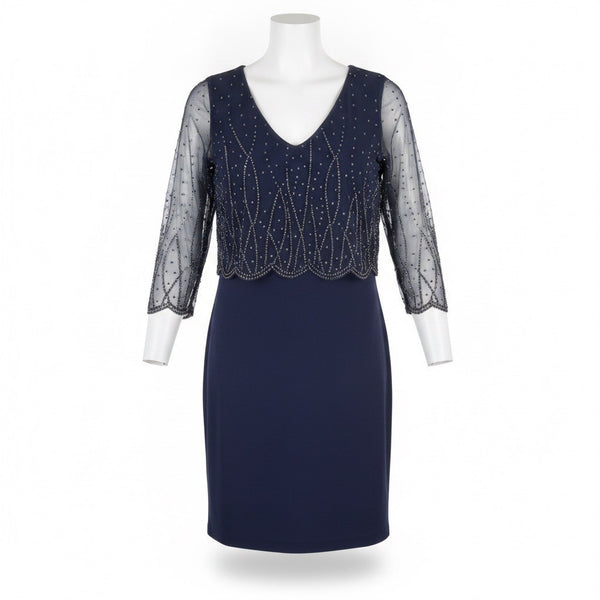 Patra Womens Navy Beaded Sheath Dress With Sheer Overlay Size 12