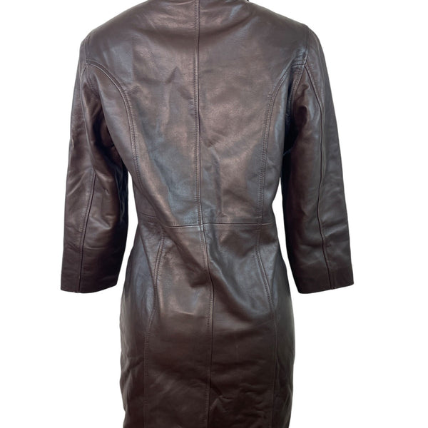 Womens Brown Leather Button-Up Trench Coat With Faux Fur Lining