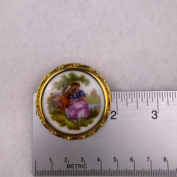 Limoges France Gold Tone Porcelain Vintage Brooch Hand Painted Scene