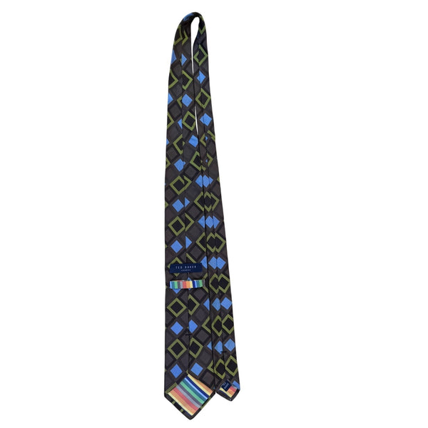 Ted Baker Mens Black Silk Geometric Tie Green & Blue Squares Modern Pattern