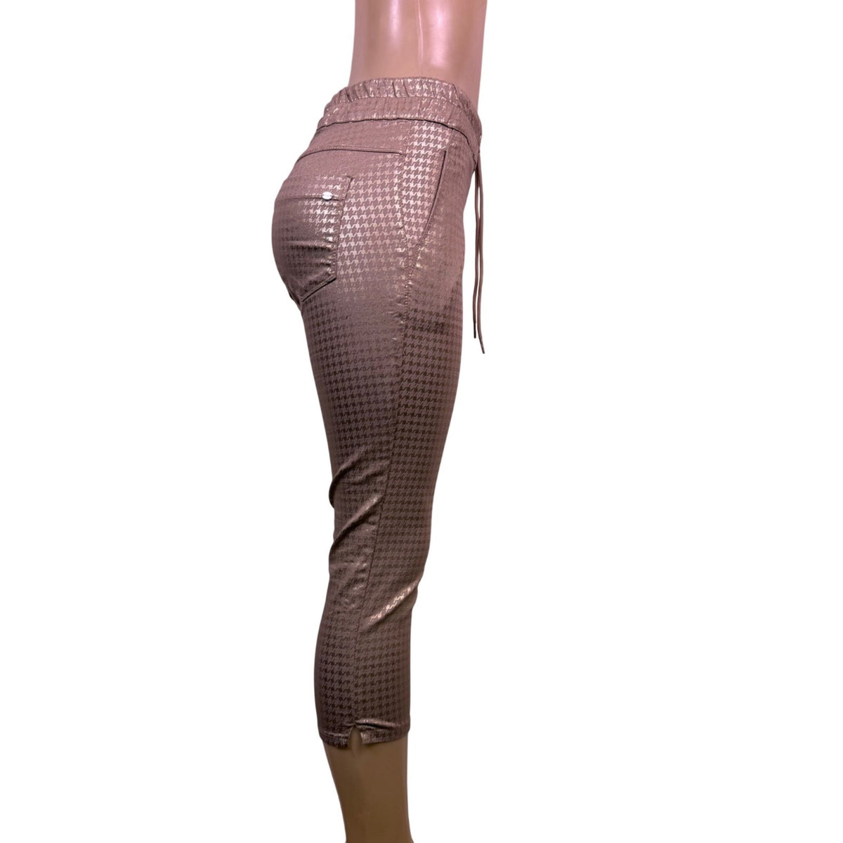 Flog Womens Beige Metallic Houndstooth Capri Pants Stretch Drawstring Sz 29