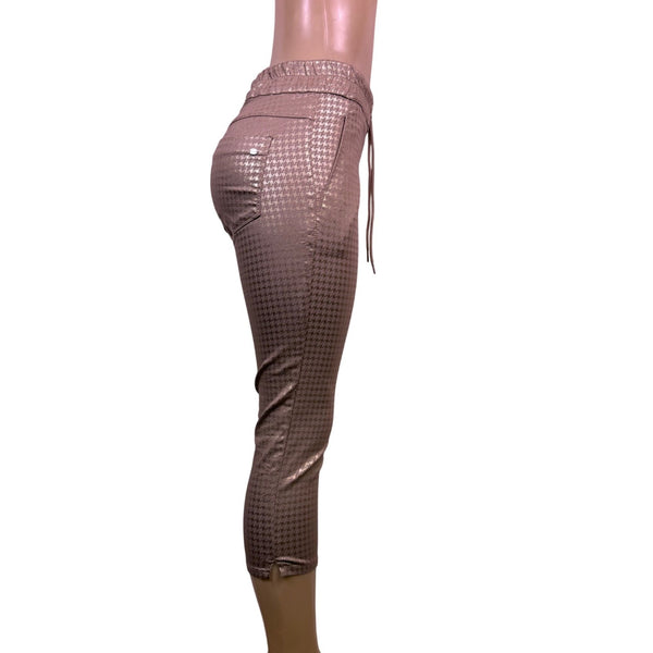 Flog Womens Beige Metallic Houndstooth Capri Pants Stretch Drawstring Sz 29