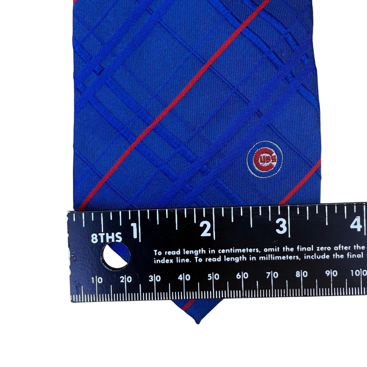 MLB Mens Blue Silk Tie With Plaid Design & Chicago Cubs Logo 100% Silk