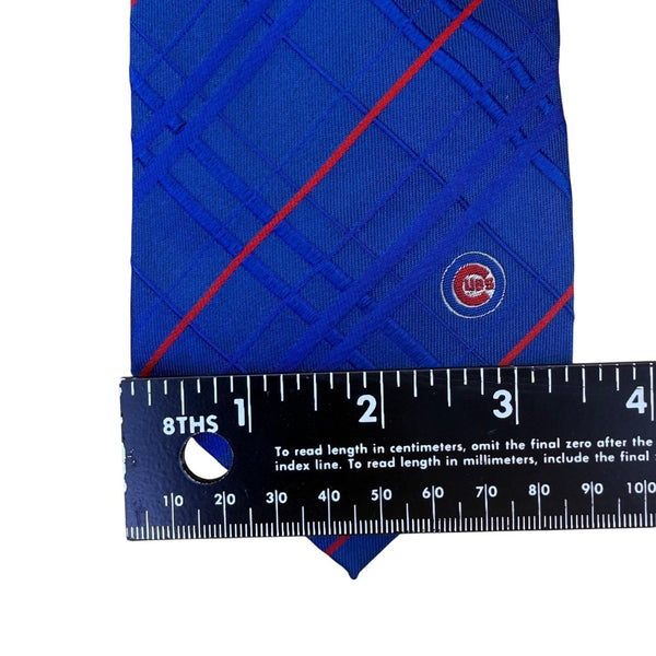 MLB Mens Blue Silk Tie With Plaid Design & Chicago Cubs Logo 100% Silk