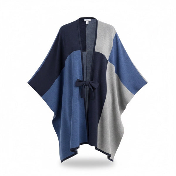 New York & Company Womens Blue & Gray Colorblock Poncho Open Front Tie Sz S/M