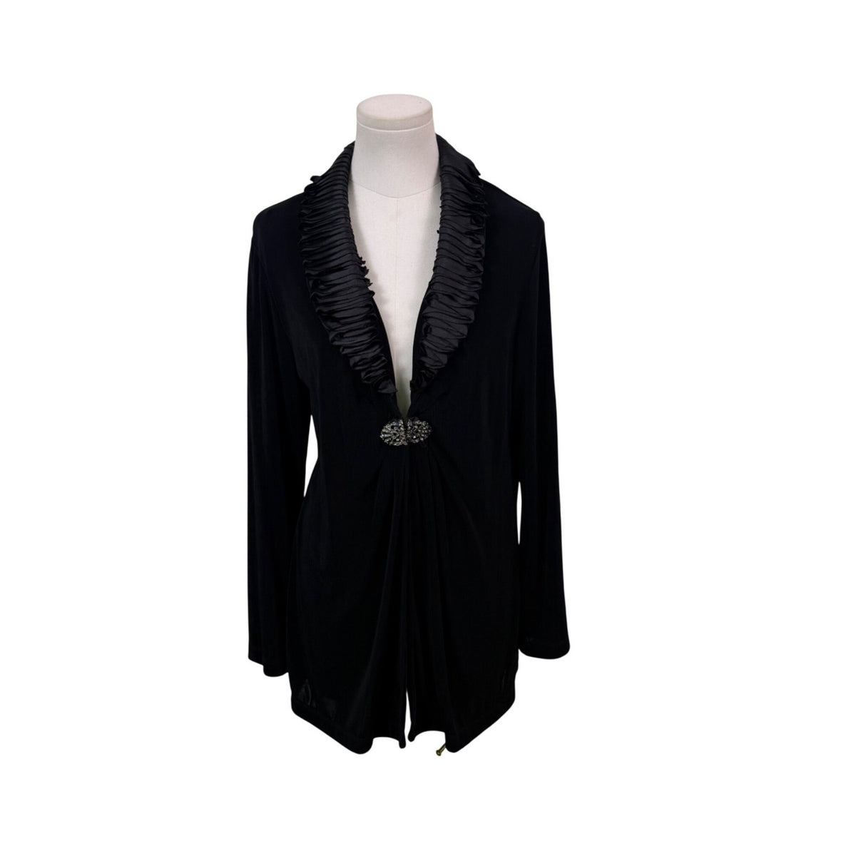 Chicos Womens Black Ruffled Embellished Travelers Cardigan Open Front Size 1