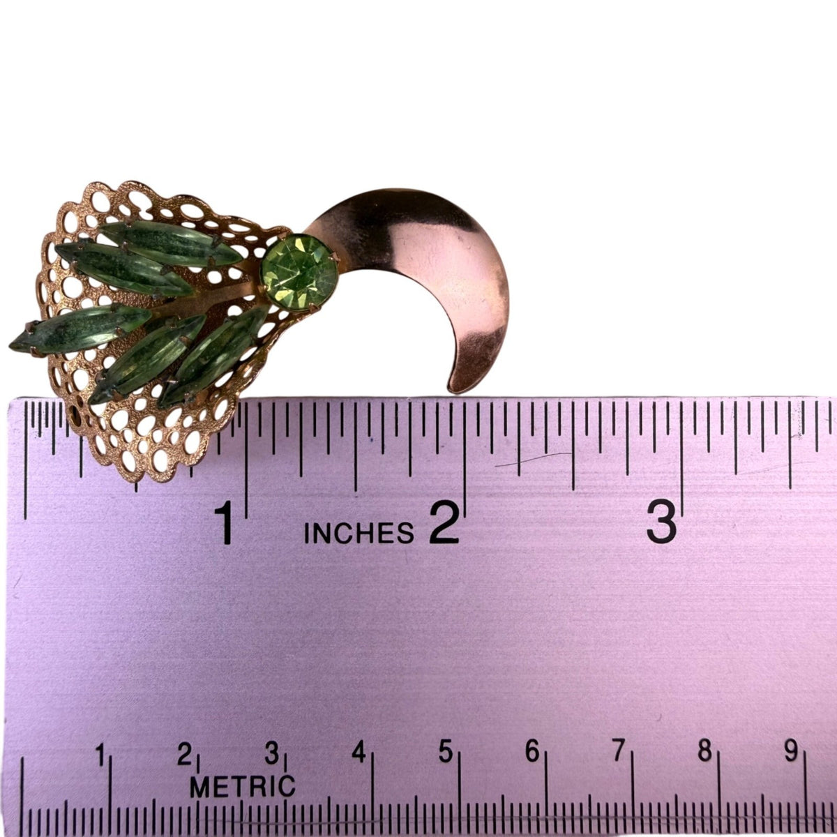 Gold Tone Green Rhinestone Filigree Brooch With Crescent Moon Shaped Design