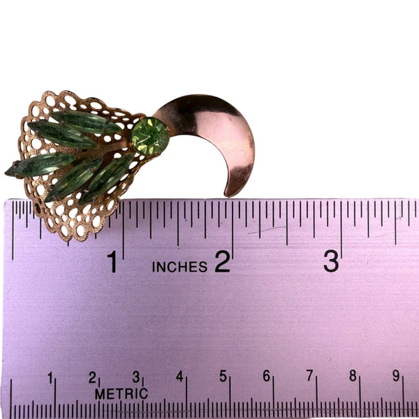 Gold Tone Green Rhinestone Filigree Brooch With Crescent Moon Shaped Design