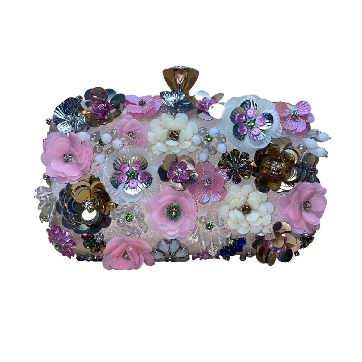 Women’s Pink Floral Embellishment With Chain Strap & Handle Clutch Purse