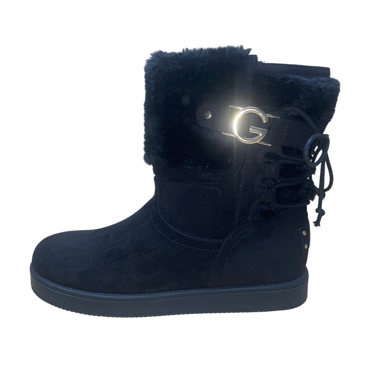 GBG Women’s Black Faux Suede Fur-Lined Gold Logo Accent Short Boots Size 7M