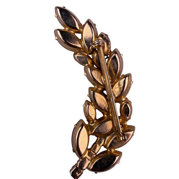 Vintage Art Deco Pink Glass Gold Tone Leaf Brooch Pin Womens Jewelry Gift