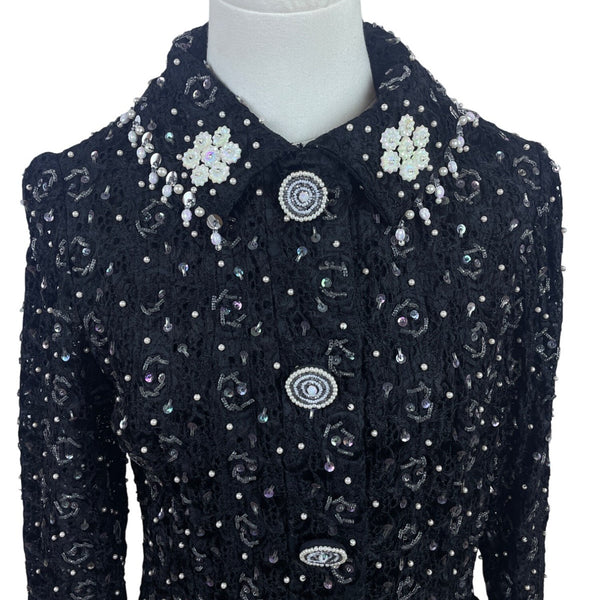 East Orient Womens Black Sequin & Pearl Embellished Jacket Size 8 Lightweight
