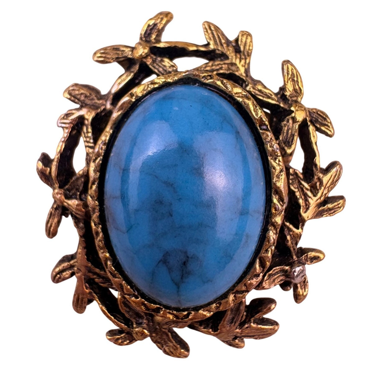 Vintage Gold Tone Blue Synthetic Stone Cabochon Brooch Pin Leaf Design