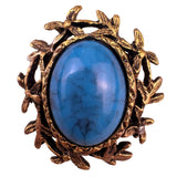Vintage Gold Tone Blue Synthetic Stone Cabochon Brooch Pin Leaf Design