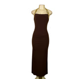 Cache Womens Brown Halter Maxi Gown With Metallic Gold Straps Sz 4